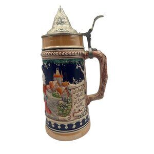 Vintage German Beer Stein Decorative Pewter Lid Hand-Painted Scenic Design 11.5"